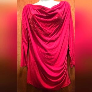 Avon Red Rusched Drape Blouse with Gold Accents SzL NWOT
